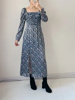 

Square Collar New 2020 For Women Long Dress Casual Short Sleeve Clothing Flower Printed Ladies Split Midi Dresses