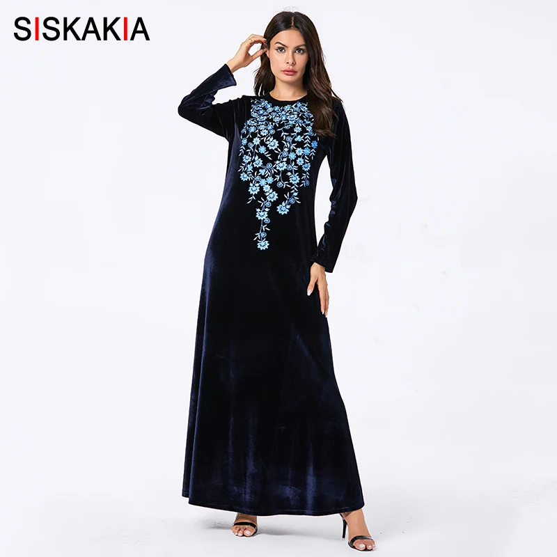 Siskakia, однотонное вельветовое длинное платье с цветочной вышивкой, зима, тонкое свободное платье размера плюс, женские платья с длинным рукавом, мусульманская одежда - Цвет: Navy blue dress
