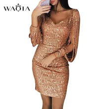 Сексуальное женское платье с блестками, Осеннее облегающее платье с длинным рукавом, с высокой талией, сексуальное, с v-образным вырезом, с блестками, с кисточками, вечерние мини-платья