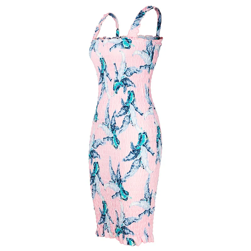 Элегантное платье для пляжного отдыха, женское сексуальное платье с цветочным принтом, без рукавов, облегающее, вечерние, эластичное, летнее, бохо платье, M0124 - Цвет: Pink