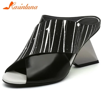 

KARINLUNA Brand Design High Strange Heels Mules Summer Genuine Leather Mules Women Concise Stripped Runway Show Shoes Woman