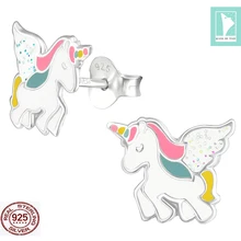 Модные серебряные серьги в виде единорогов для детей, эмалированные серьги в виде единорога 925, pendientes unicornio aretes unicornio
