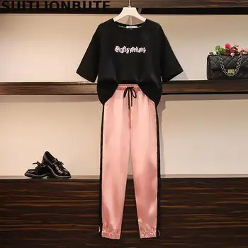 

Perfect Quality Elegant Ladies Plus Size Two Piece Set Letter Floral Print Black T Shirt Elastic Waist Softpink Pants Ropa Mujer
