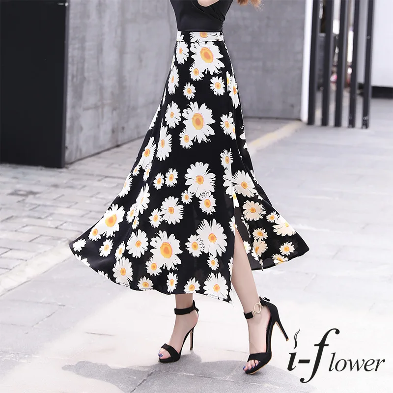 

Women's Daisy Print Long Skirt, Elastic High Waist, A-line, Floral Chiffon Expansion Skirt, Elegant Fashion, Office Lady