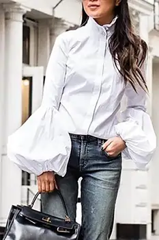 

Women Blouses Shirt Women Autumn New European and American Solid Color Lantern Sleeve Slim Fit Pullover Versatile Top