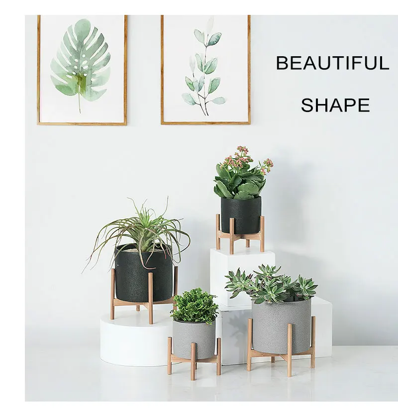 Flower Pot Nordic Desktop Solid Wood Flower Stand Cement Fleshy Flower Pots Creative Simple Living Room Balcony Assembly Cement