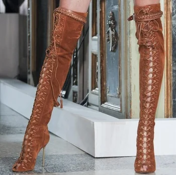

Women Tan Peep Toe Lace up Boots Stiletto Heel Tassels Long Boots Brown Suede Metal Heels Over The Knee Tight High Boots