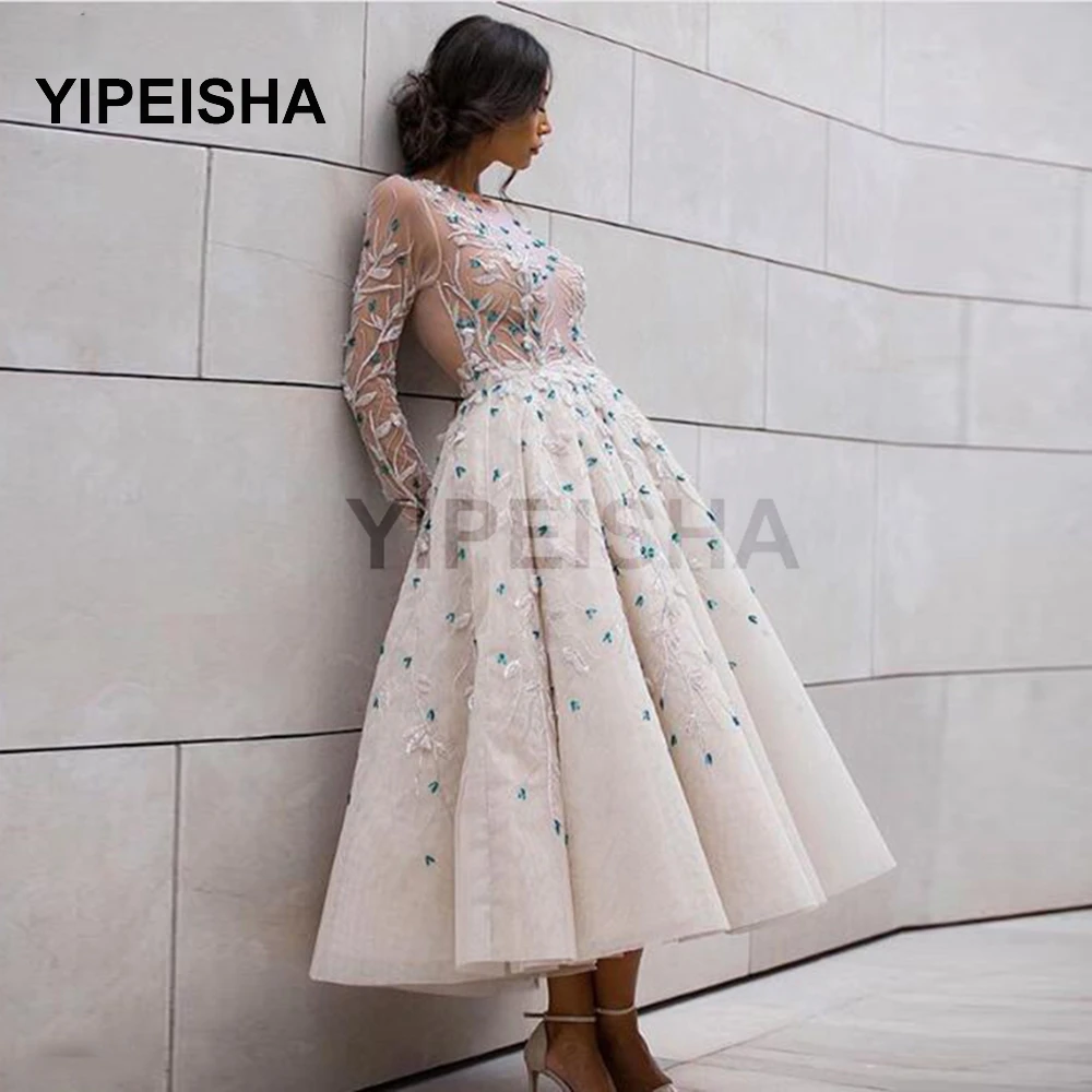 

2021 Sexy See-Through O-Neck Evening Dress Long Sleeves Lace Appliques Backless IIIusion Prom Party Gown robes de soirée