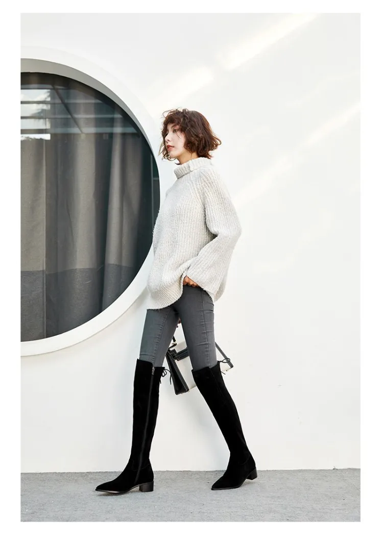Сапоги до колена на толстом каблуке с острым носком новые эластичные сапоги модные кожаные женские сапоги с боковой молнией