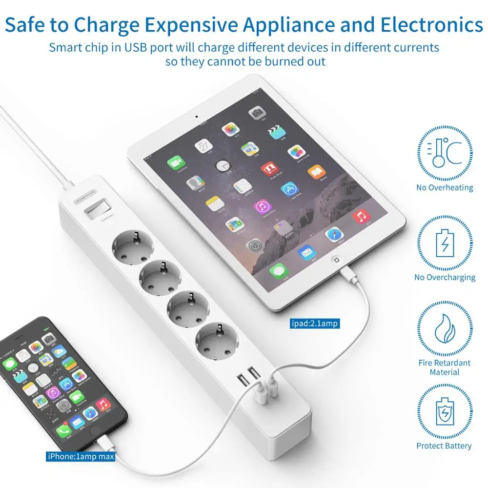 NTONPOWER Smart USB Power Strip EU Plug 4 Outlet 4 Port USB Charger - 1.5M Cable Electronic Socket Home Office Surge Protector