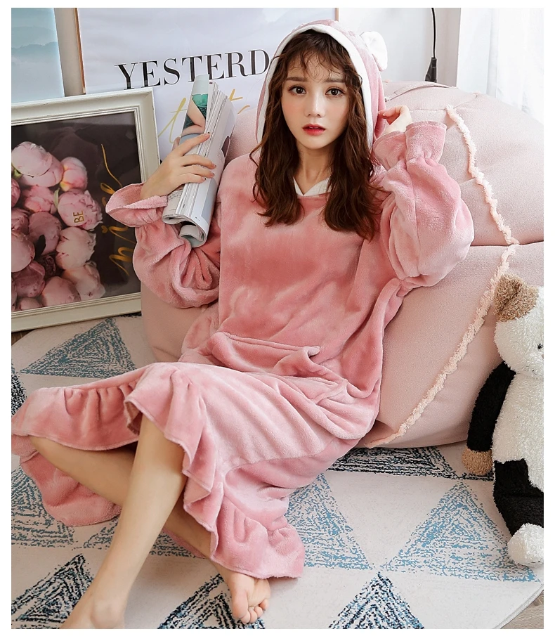 Nighty Ladies Lingerie Long Sleeve Flannel Long Gown Cute Bear Hooded Sleep Dress Korean Nightwear Kawaii Night Dressing Gown
