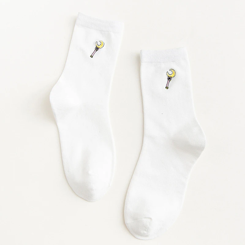 CHAOZHU/Новинка года; женские модные Хлопковые вязаные носки с вышивкой Сейлор Мун; мягкие повседневные женские носки высокого качества; calcetines - Цвет: white