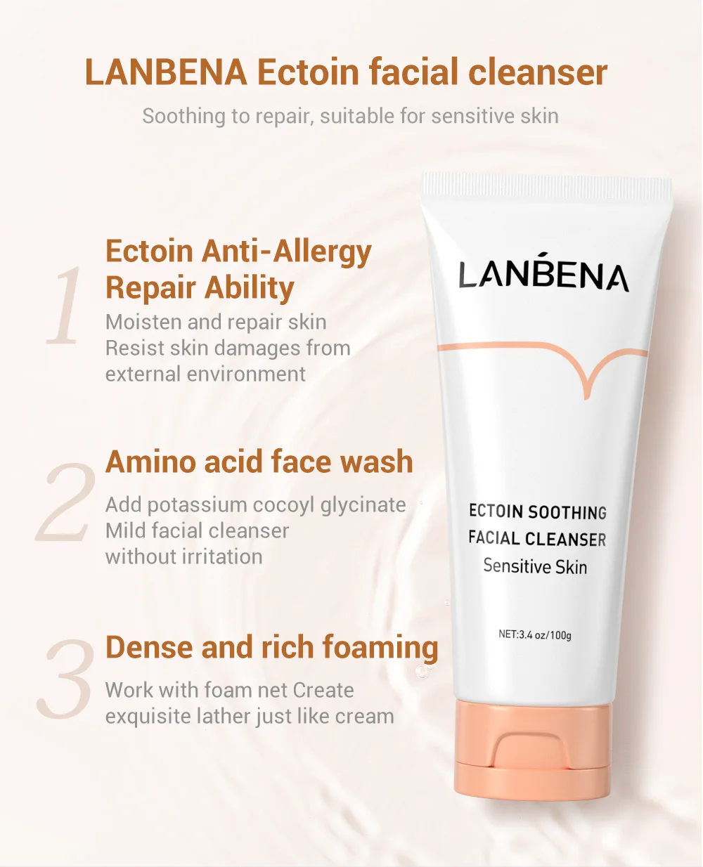 H744ddfd8042b40dabcbfc62fc7f7cf02P LANBENA Facial Cleanser Ectoin Anti Allergic Repair Soothe For Sensitive Skin Care Face Wash Foam Nourishing Moisturizing 100g