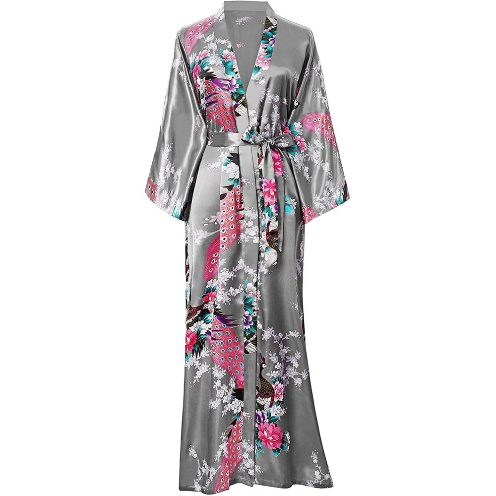 Women Long Robe Big Size Kimono Bathrobe Gown Summer Spring Nightgown Sleepwear Novelty Print Nightwear Silky Satin Home Clothes women sleepwear