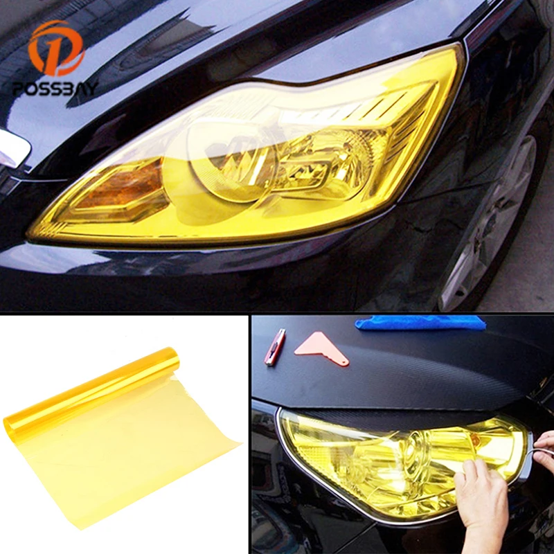 POSSABY 30*180 cm głęboka czerń światła samochodowe naklejki światła samochodowe reflektor Taillight folia z odcieniem naklejki przeciwmgielne tylna lampa żółty Film
