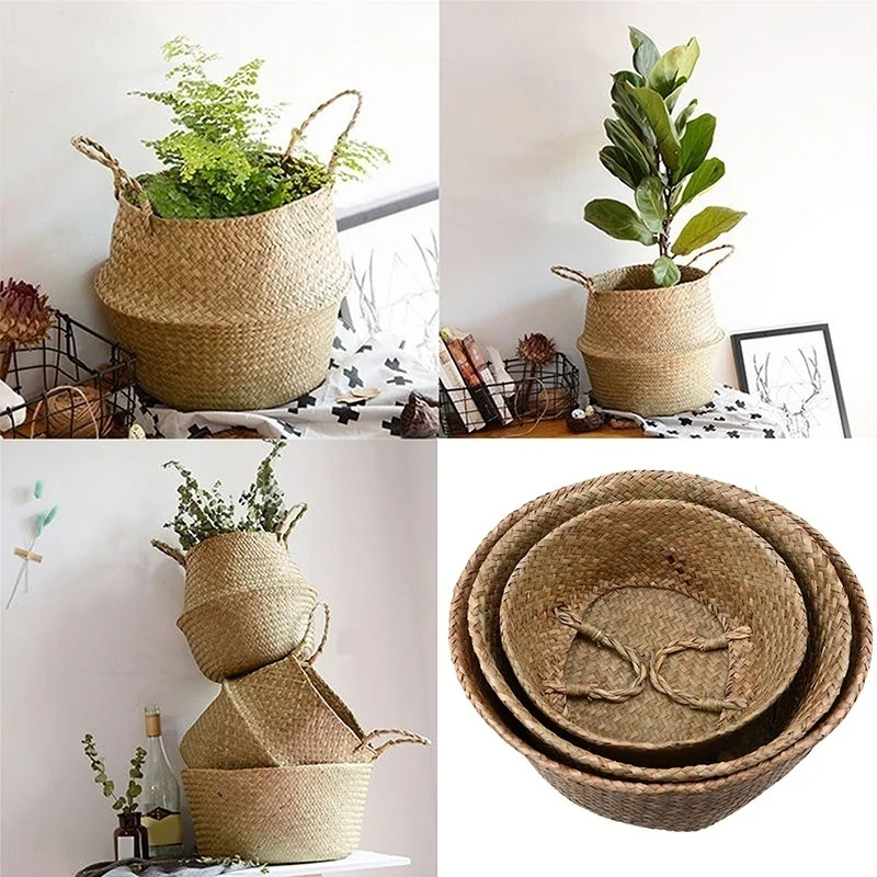 Ручная работа Wickerwork Bellied хранение одежды с ручкой круглый цветок ротанговая корзина трикотажный склад горшок садовая ваза