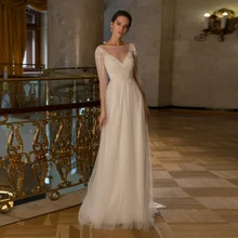 

Shinny Tulle Floor Length Wedding Dress For Woman With Illusion Long Sleeves Backless Bridal Gown Beach Свадебное платье