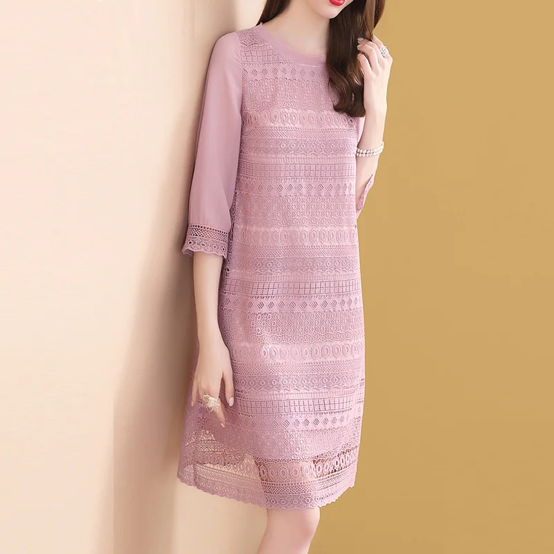 

Ozhouzhan Pink Hollow out Lace Dress Women's Spring And Autumn Mid-length 2019 New Style Popular Skirt Fashion