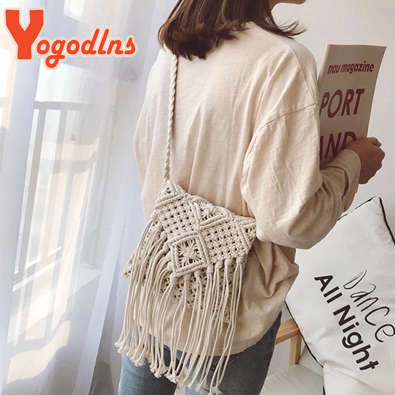Bohemian Tassel Straw Bag Women Fashion Weave Handmade Crossbod Bag Summer Kintted Beach Handbag Vacation Lady Pouch