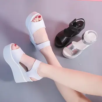

Platform Sandals Woman NEW Summer Heels 2020 Women's Ankle Strap Shoes Thick Bottom Wedges Female Footwear Black White Silver