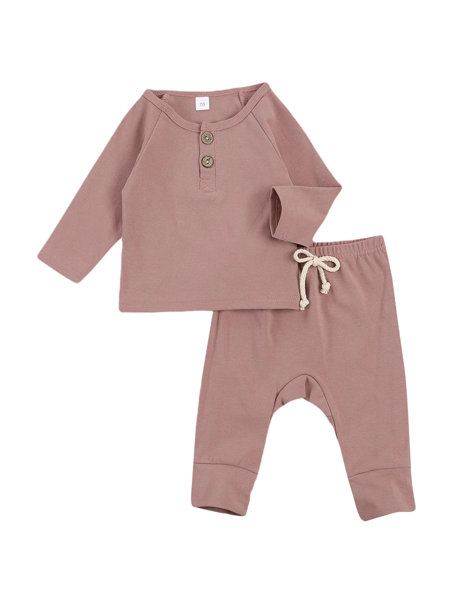 

2 PCS Babys Warm Clothing Set New Born Boy Girl Solid Color Long Sleeve Button Top Long Pants with Drawstring Suit