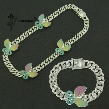 

Hip Hop Ice Out Paved Rhinestone 1 Set Complete Miami Fashion Butterfly Cuban Chain CZ Bling Rap Necklace Bracelet Men's Jewelry