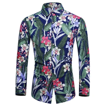 

M-7XL Casual Men Shirt Long Sleeve Europe Style Slim Fit Shirt Men Cotton Floral Shirt Hawaii Button Shirt Top Blouse Male Top