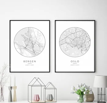 

Norway Bergen and Oslo minimalistic city maps poster Wall Pictures for Living Room No Frame