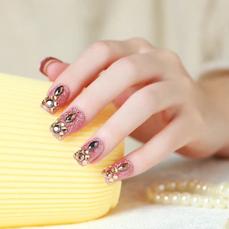 24 шт./компл. Роскошные Алмазные поддельные ногти предварительно дизайн полный Блестящий накладной клей для ногтей Наклейка Красота искусственные цветы для невесты ногтей советы