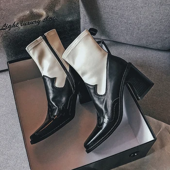 

Brand Women Ankle Boots Mixed Colors Genuine Leather High Heels Party Shoes Woman Big Size Winter Warm Chelsea Boots