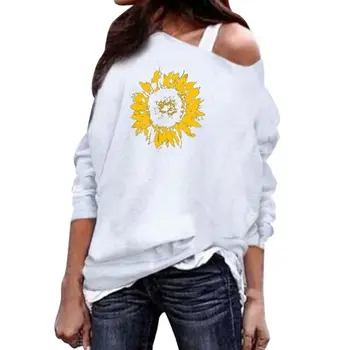 

Women Tops Sunflower Print Off Shoulder Long Sleeve Round Neck Casual Blouses Lady Loose Fit Pullover Shirts