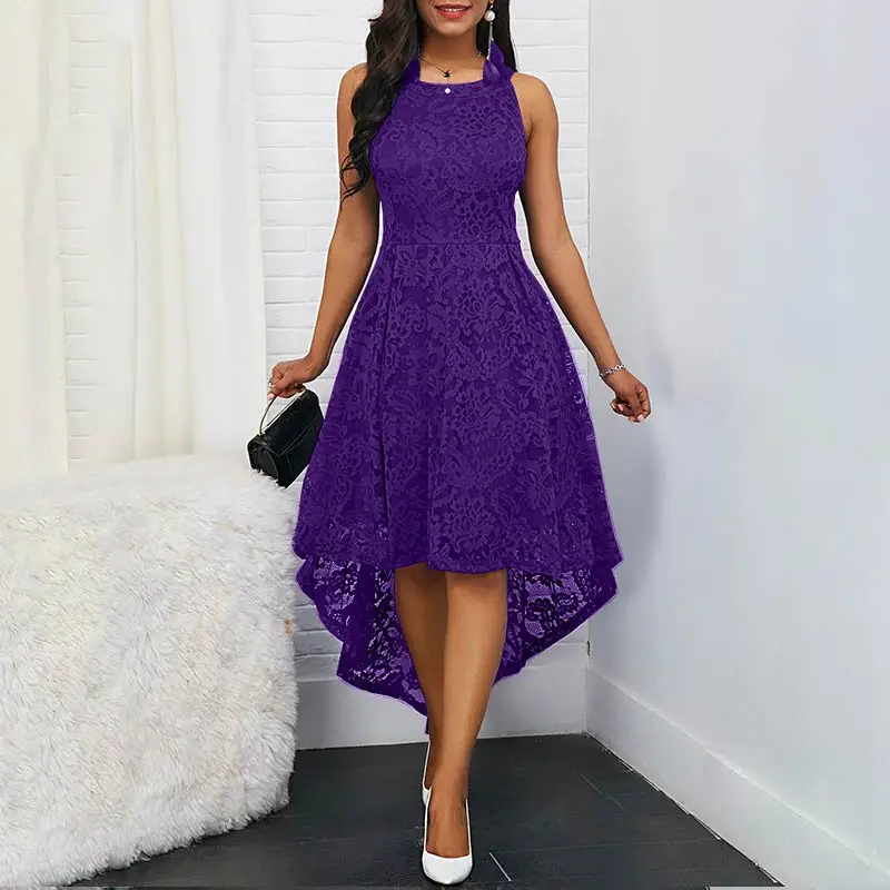 Purple OTEN, плюс размер, кружевное платье для женщин, модное, без рукавов, с круглым вырезом, асимметричное, высокое, низкое, для вечеринки, для девушек, элегантное платье для свадьбы - Цвет: Purple
