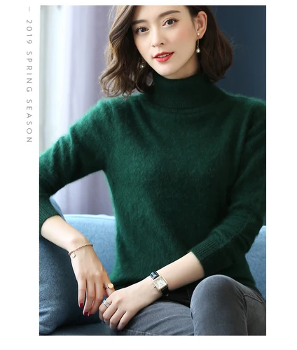 Новые свитера и пуловеры, водолазка из мягкого меха норки и кашемира, супер теплый женский джемпер на осень и зиму, женские брендовые джемпер - Цвет: Dark green