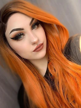 

RONGDUOYI Ombre Orange Heat Resistant Fiber Hair with Side Part Long Straight Synthetic Lace Front Wigs for Women Cosplay Wigs
