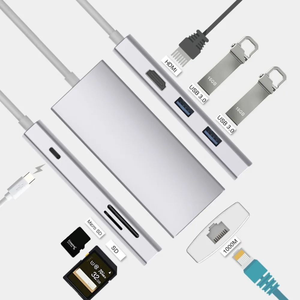 Алюминий 7-в-1 Тип usb-C адаптер Тип с разъемами типа C и конвертер мультимедийного интерфейса высокой четкости надежная цифровая устройство для считывания с tf-карт Многофункциональный usb-хаб