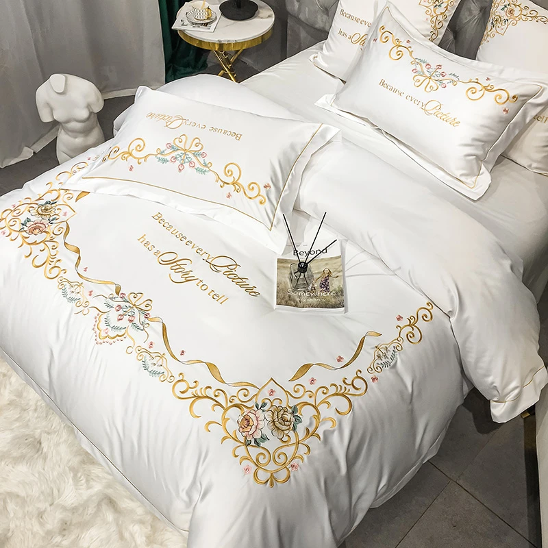 Glossy Soft Satin Silk Cotton Gold Embroidery Bedding Set Double Duvet Cover Set Bed Linen Fitted Sheet Pillowcase Home Textile