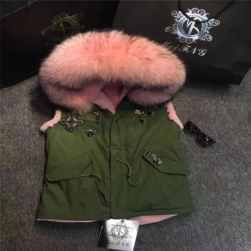 Куртка армейского зеленого цвета с капюшоном и рукавами розовый жилет с воротником из натурального меха енота верхняя одежда из чистого хлопка зимний жилет Повседневный стиль - Цвет: Армейский зеленый