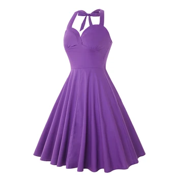 

50s 60s Pin up Skater Swing Casual Midi Purple dress Women Sexy Summer Audrey Hepburn Style Halter Rockabilly Vintage 2020 New