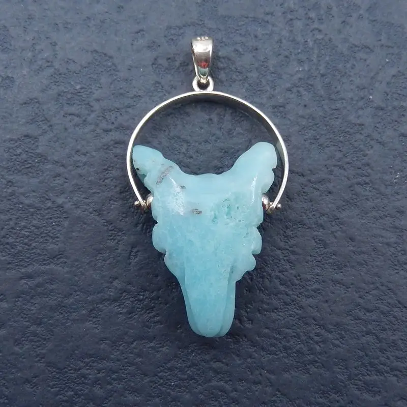 Natural Amazonite Handmade Animal Wolf Head With Silver Buckle Pendant For Men Blessing Modish Ornament Best Gifts 30x21x10mm 6g