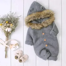 Зимний комбинезон с длинными рукавами и пуговицами для новорожденных мальчиков и девочек, Вязаный комбинезон с капюшоном, пальто, одежда