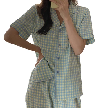 

Pajamas Women's Spring Summer Classic Cute Plaid Short-sleeved Trousers Casual Comfortable Breathable Lapel Suit Home Service