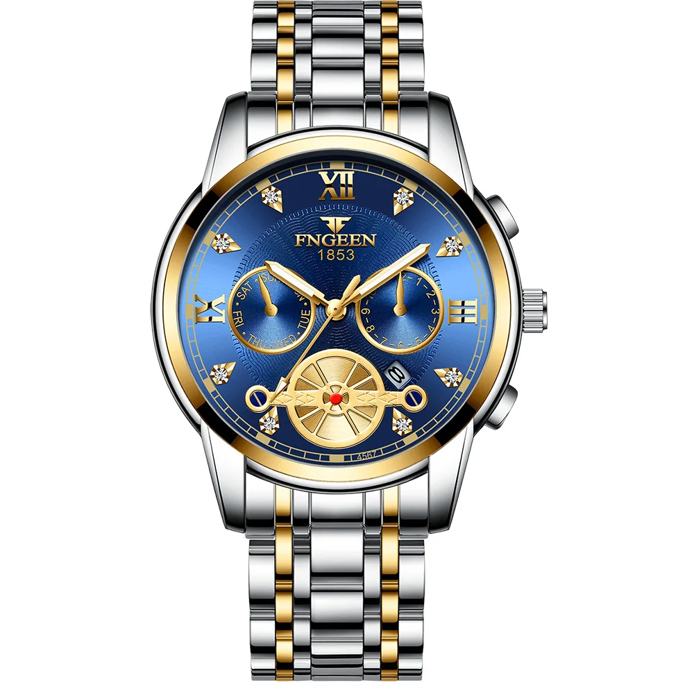 FNGEEN New Blue Quartz Watches Men Silver Gold Steel Waterproof Wristwatch Top Brand Luxury Casual Sport Mens Watch Reloj Hombre 