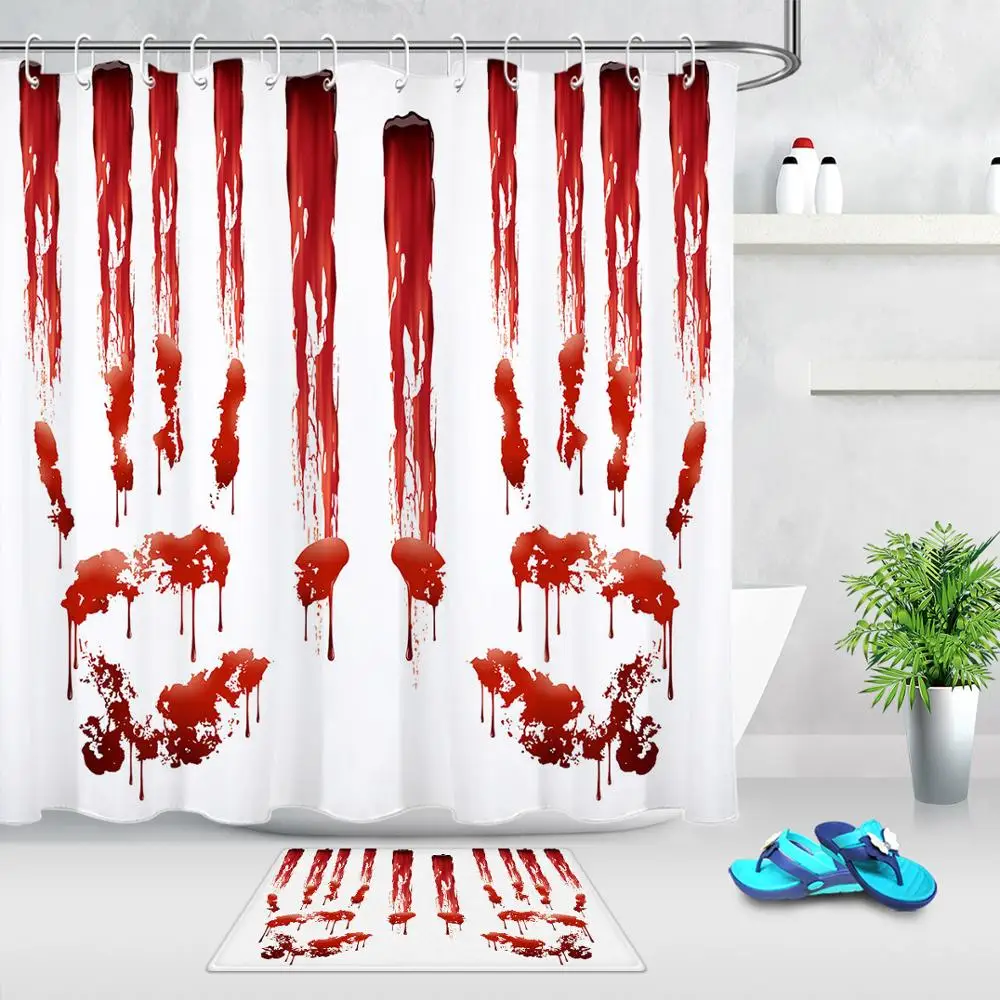 Curtain And Mat Ужас крови отпечаток руки кровавый Хэллоуин Ванная комната Декор занавеска для душа водонепроницаемое полотно из полиэстера Ванна Декор 12 крючков и коврик - Цвет: Curtain And Mat