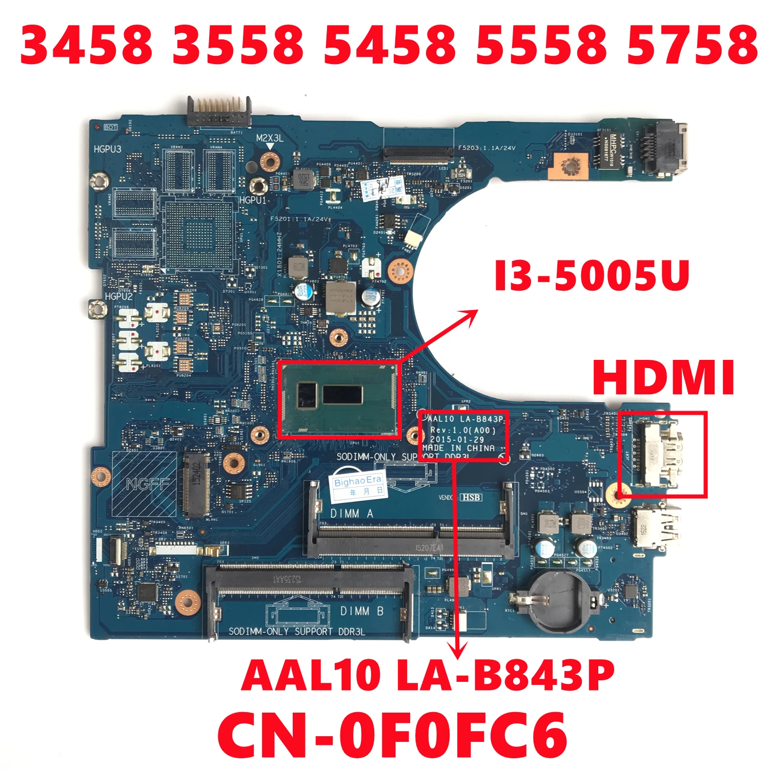 Placa-mãe do Portátil para Dell Inspiron Cn0f0fc6 0f0fc6 F0fc6 F0fc6 3458 3558 5458 5558 5758 Aal10 La-b843p I35005u Cpu Teste de 100