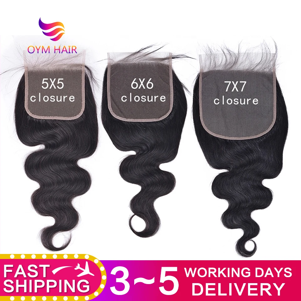 OYM HAIR5X5 6X6 7X7 закрытие шнурка бразильские объемные волнистые человеческие волосы с