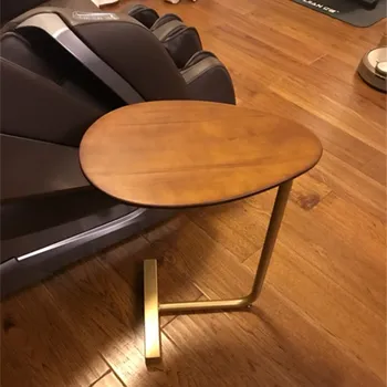 

Creative simple oval small tea table mobile iron solid wood sofa corner a few lazy bedside reading table