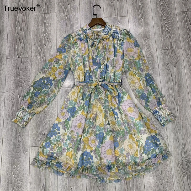 

Truevoker Autumn Designer Resort Dresses Women's Puff Sleeves Colorful Flower Printed Runway Holiday Vestidoes