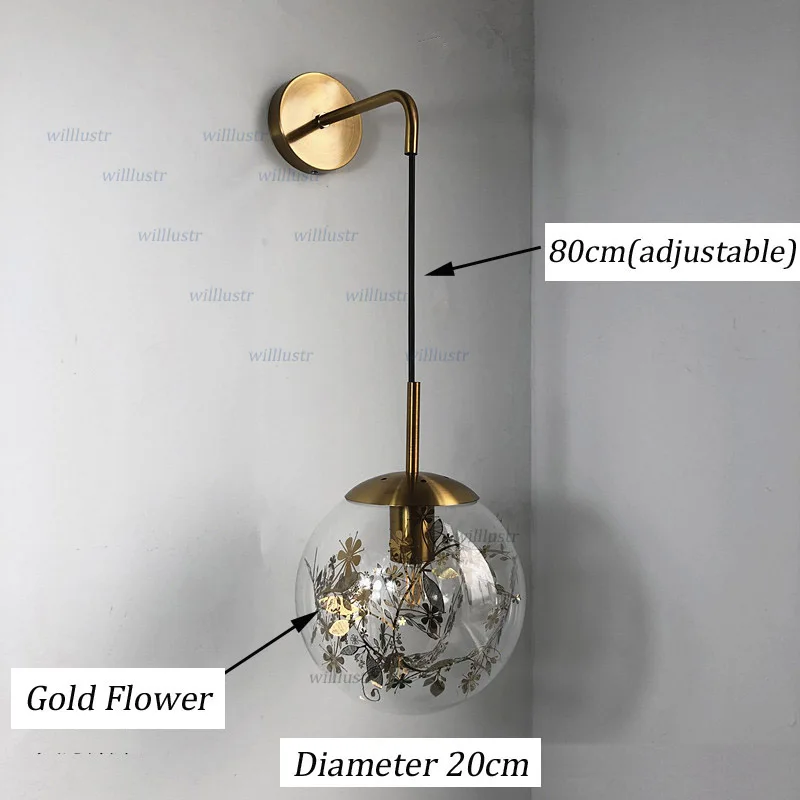 Dia 20cm Gold Flower Скандинавский стеклянный глобус настенный светильник металлический цветок бра гостиничный коридор Гостиная Кабинет балкон прикроватные креативные железные растения освещение - Цвет абажура: Dia 20cm Gold Flower