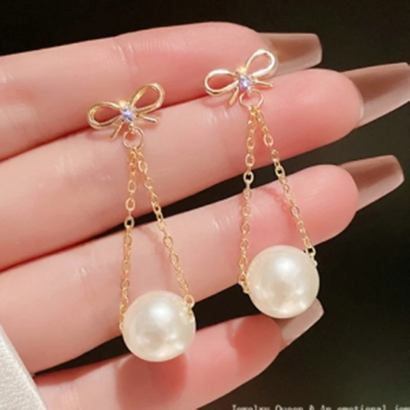 Pendientes Flecos para mujer, aretes largos con lazo, cuentas de perlas de imitación, cadena joyería nupcial para boda, E7102| Pendientes con forma de gota| - AliExpress