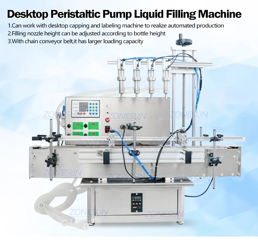 ZONESUN ZS-DTPP4E Pneumatic Automatic 4 Nozzles Liquid Filling Machine Lotion Eye Drops Juice Oil Gel Filler Peristaltic Pump